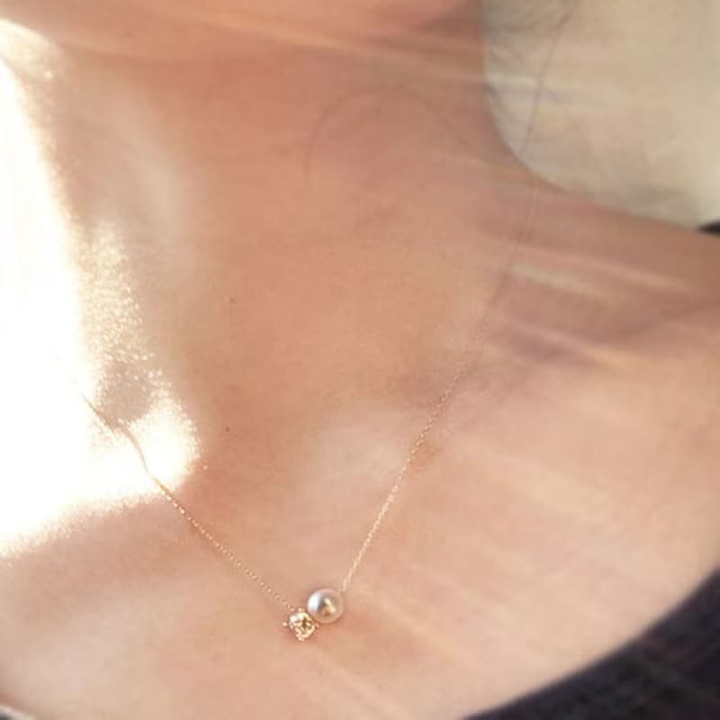 SV925/K10 Aquamarine Necklace, March Birthstone, Pearl Dainty Necklace