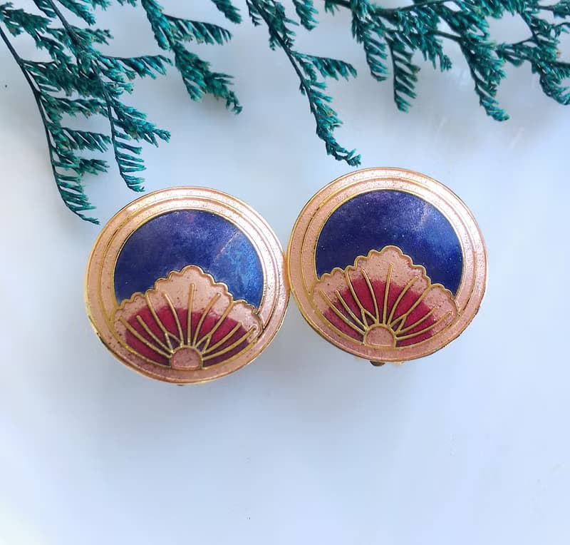 【西洋古董飾品 】景泰藍 花瓣 深藍天空 夾式耳環