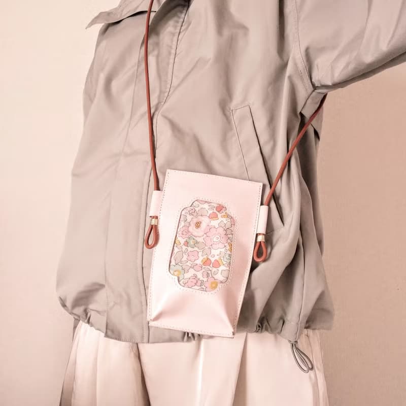 Lサイズー本革ー手縫いスマホポーチーリバテープリントのーピンクーむら染め
