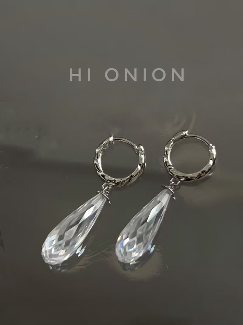 Hi Onion原創小眾超閃透明鋯石水滴耳環S925銀耳扣耳夾個性高級