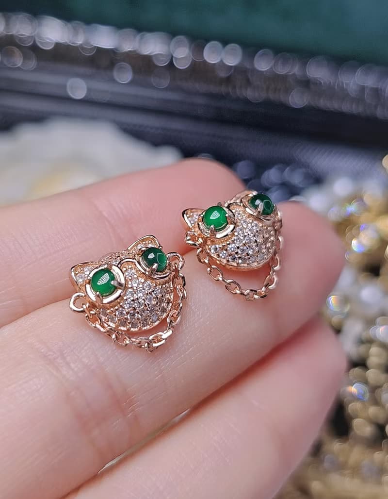 |招財眼鏡貓|A貨翡翠冰玻老坑綠蛋面3mm純銀鍍18k玫貓咪耳環