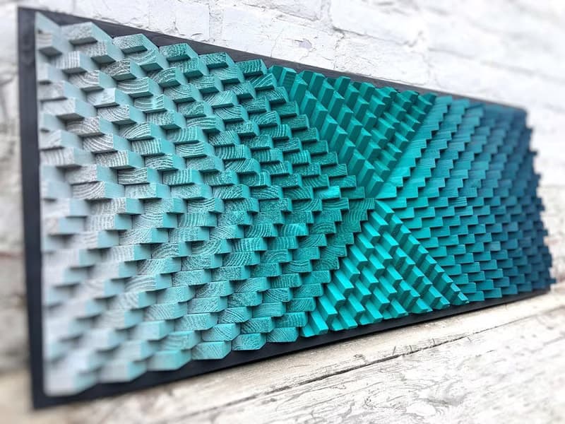 3D Wood Wall Art - Gray Teal Blue Modern Art - Acoustic Panel -Home Office Decor