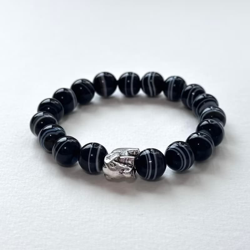 【獅子處女座|8月】黑瑪瑙大象鍍銀 男士手鍊 防小人 升職加薪財