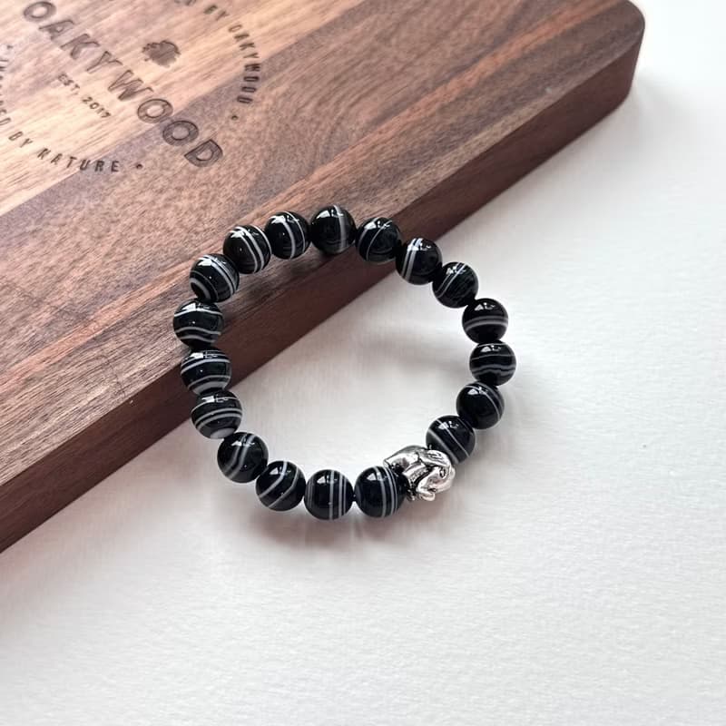 【獅子處女座|8月】黑瑪瑙大象鍍銀 男士手鍊 防小人 升職加薪財