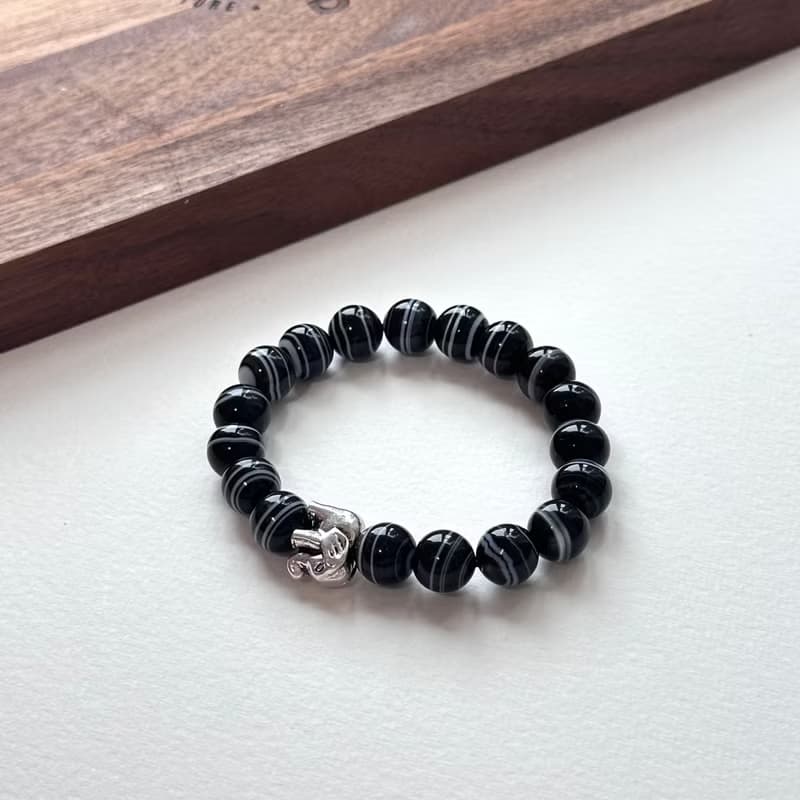 【獅子處女座|8月】黑瑪瑙大象鍍銀 男士手鍊 防小人 升職加薪財