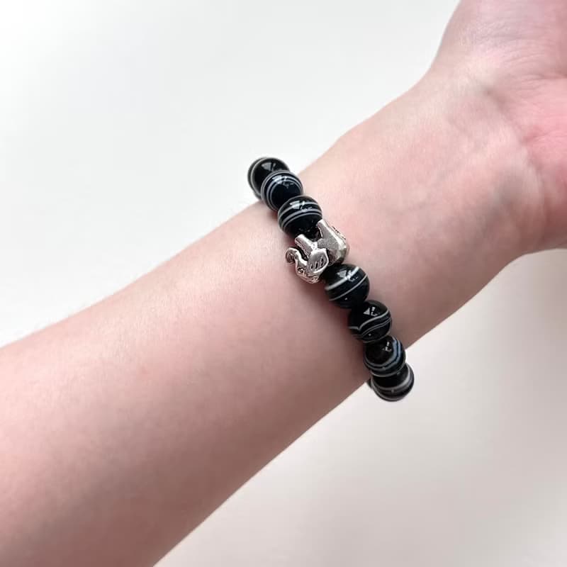 【獅子處女座|8月】黑瑪瑙大象鍍銀 男士手鍊 防小人 升職加薪財
