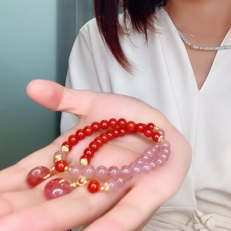 原創手工天然紅瑪瑙草莓晶串珠招桃花平安扣吊墜手鏈好運愛情手串