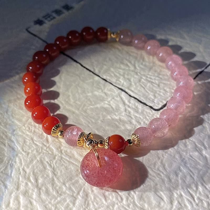 原創手工天然紅瑪瑙草莓晶串珠招桃花平安扣吊墜手鏈好運愛情手串