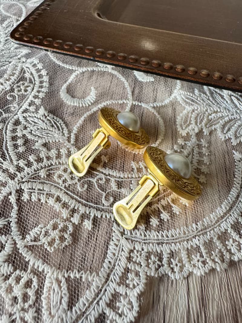 中古正品 Ferragamo 珍珠鍍金耳夾 復古風 意大利製 古董首飾