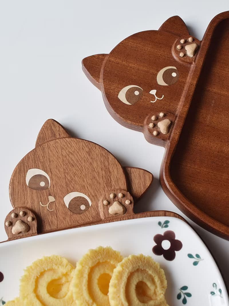 喵有型貓咪盤子木質水果點心堅果零食沙拉早餐盤日式可愛果盤茶盤
