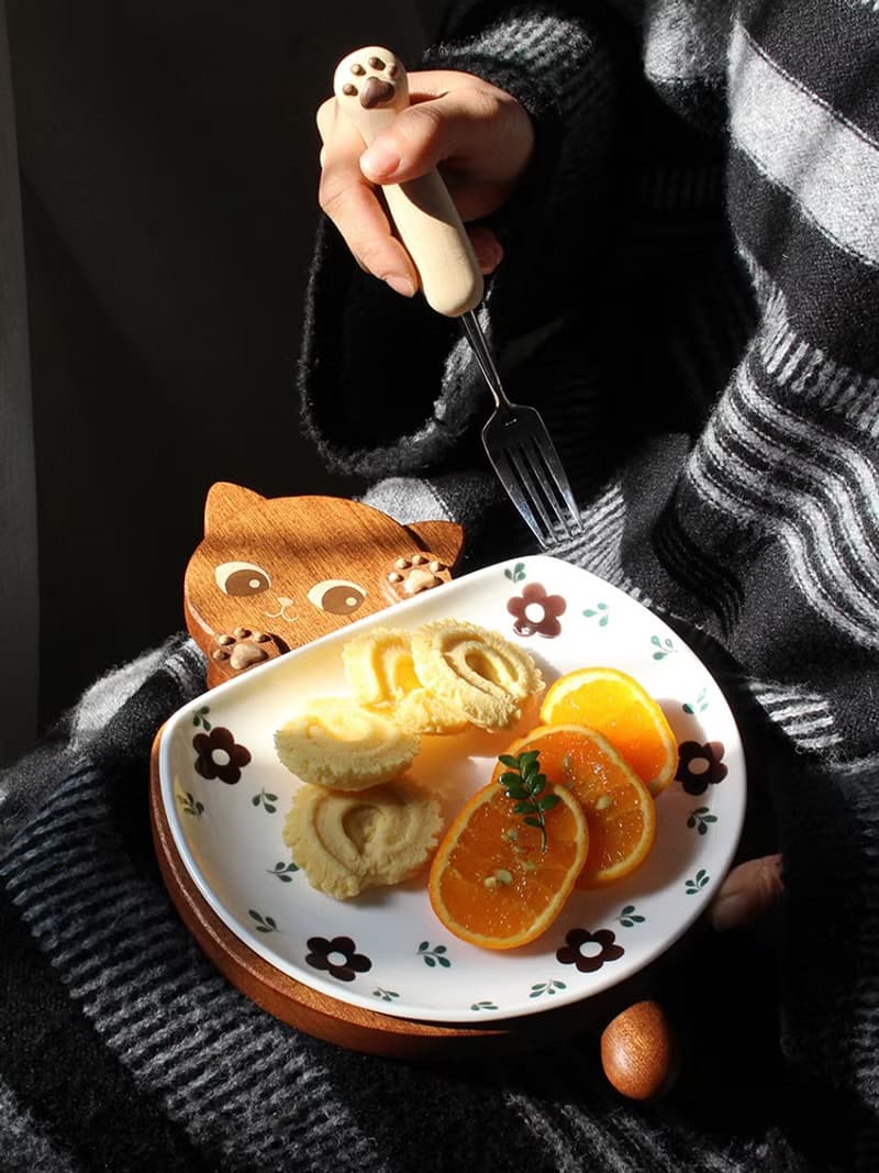 喵有型貓咪盤子木質水果點心堅果零食沙拉早餐盤日式可愛果盤茶盤