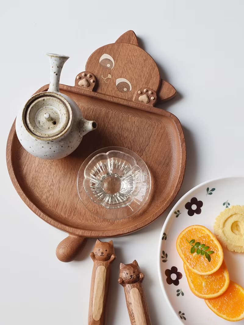 喵有型貓咪盤子木質水果點心堅果零食沙拉早餐盤日式可愛果盤茶盤