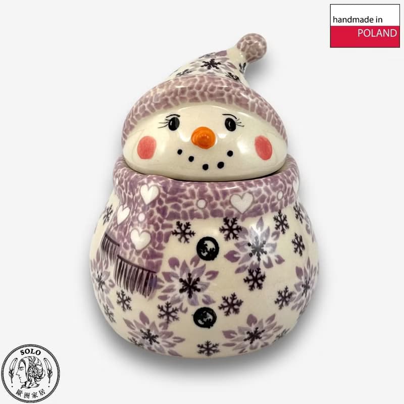 波蘭手繪手工陶-雪人收納罐 (小) 15cm 聖誕雪花系列(紫) 入門款