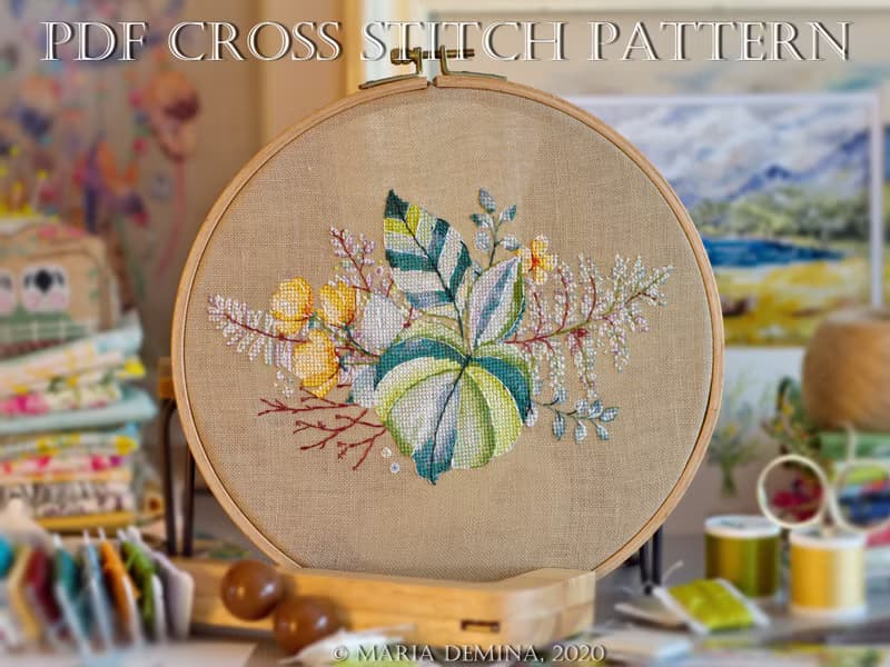 【數位】Watercolor Green Bouquet I - PDF cross stitch pattern