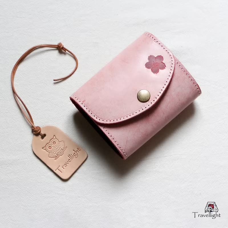 桜ピンク手縫いヌメ革牛革長財布カードケース