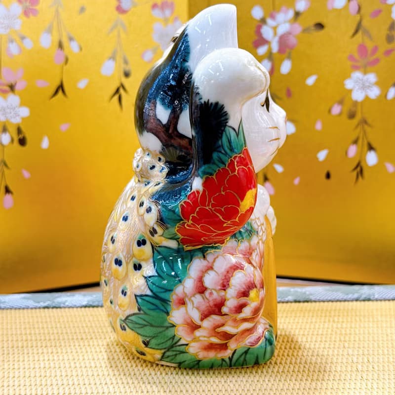 【孔舞迎祥】日本清水燒招財貓 | 色繪 - 孔雀