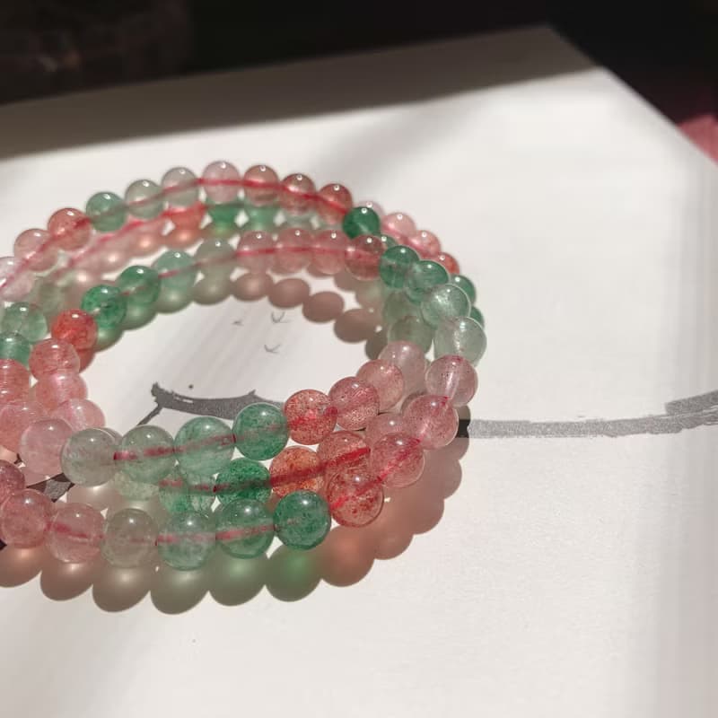 挽青水與荷。天然草莓晶綠草莓晶手鏈6mm三圈手串 桃花好運人緣