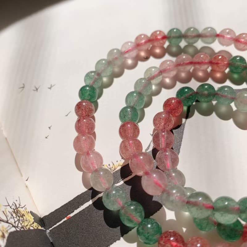 挽青水與荷。天然草莓晶綠草莓晶手鏈6mm三圈手串 桃花好運人緣