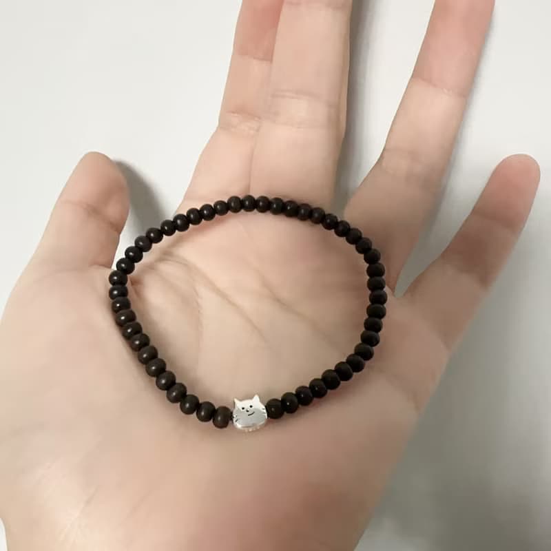 原創手作黑檀木S925純銀幸福小貓咪手鏈 交好運手鏈
