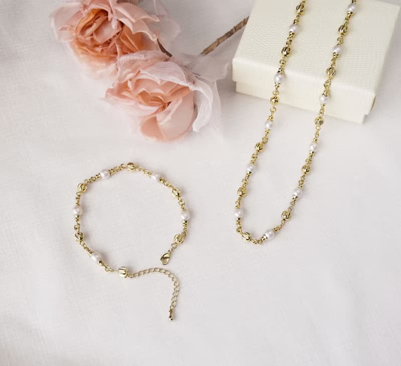 【精選套組】刻紋銅珠珍珠項鍊手鍊套組