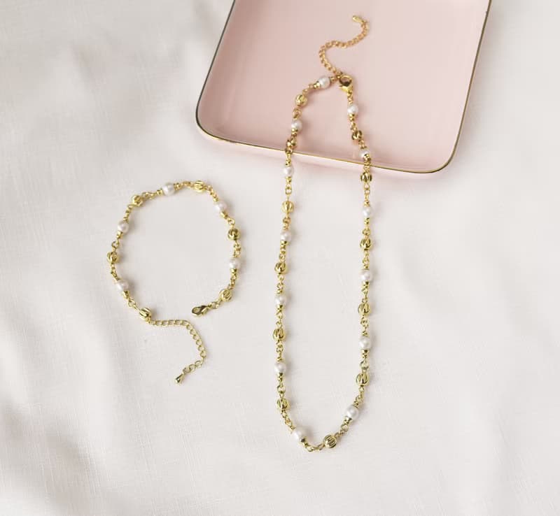 【精選套組】刻紋銅珠珍珠項鍊手鍊套組