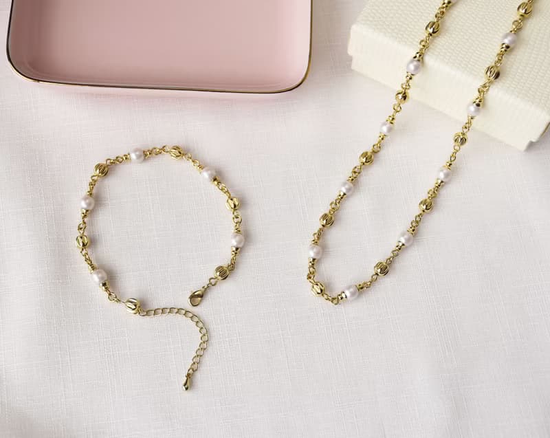 【精選套組】刻紋銅珠珍珠項鍊手鍊套組