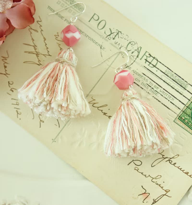懷舊 流蘇耳環 Vintage Beads 粉紅 綿麻線 純銀耳勾