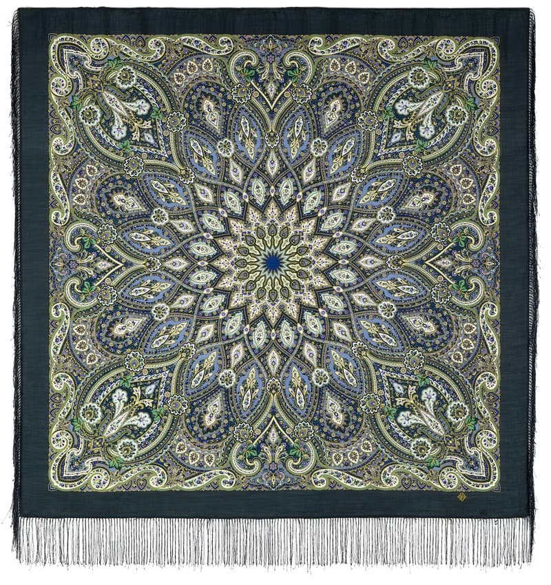 Pavlovo Posad Russian Shawl 100% Wool Scarf 125x125 cm Wrap Silk Fringe 1826-12