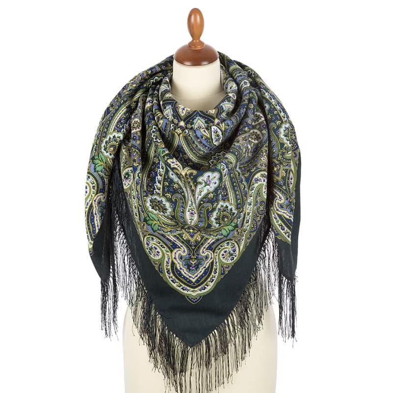 Pavlovo Posad Russian Shawl 100% Wool Scarf 125x125 cm Wrap Silk Fringe 1826-12