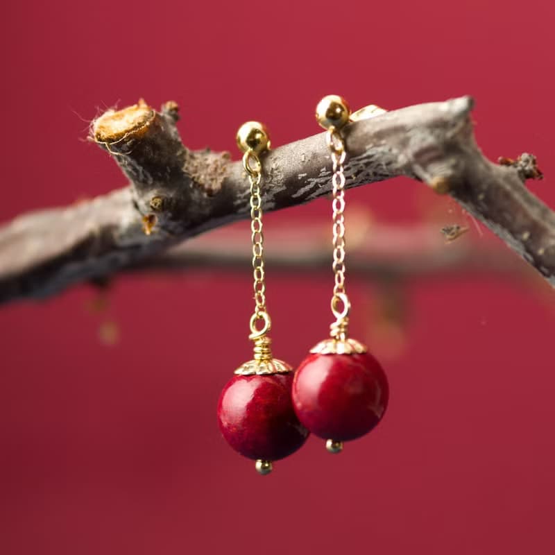 紫金砂硃砂 8mm 14K包金耳環