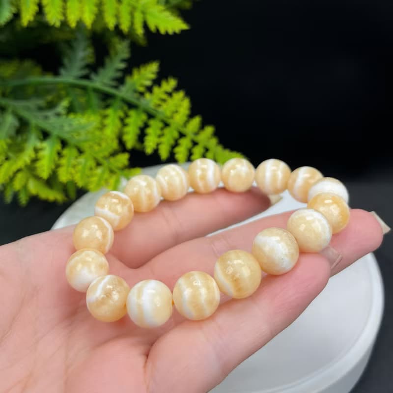 精品天然黃色方解石手串12mm玉化爆晶能量石女單圈靈氣清新好運
