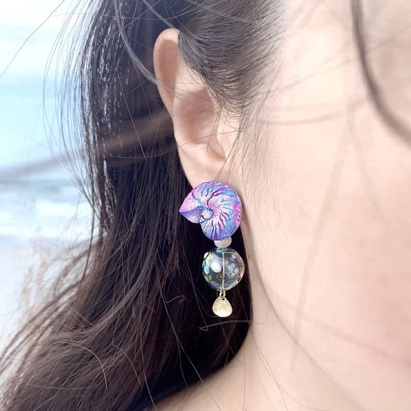 耳環 鸚鵡螺/水母 刺繡 手工 琉璃 珍珠 耳夾 禮物 生日 情人節