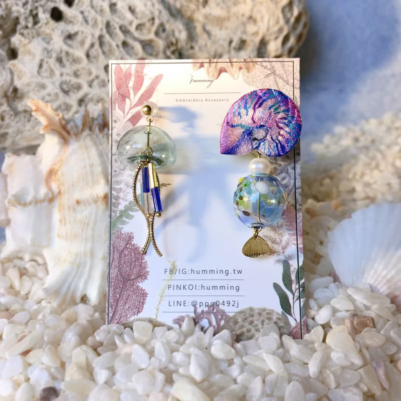 耳環 鸚鵡螺/水母 刺繡 手工 琉璃 珍珠 耳夾 禮物 生日 情人節