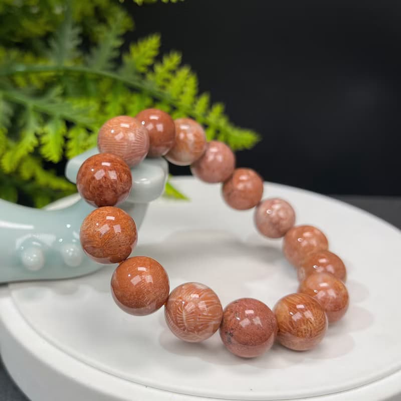 精品天然珊瑚玉手串冰潤高瓷玉化橘粉大花鳳尾紋菊花玉單圈女14mm