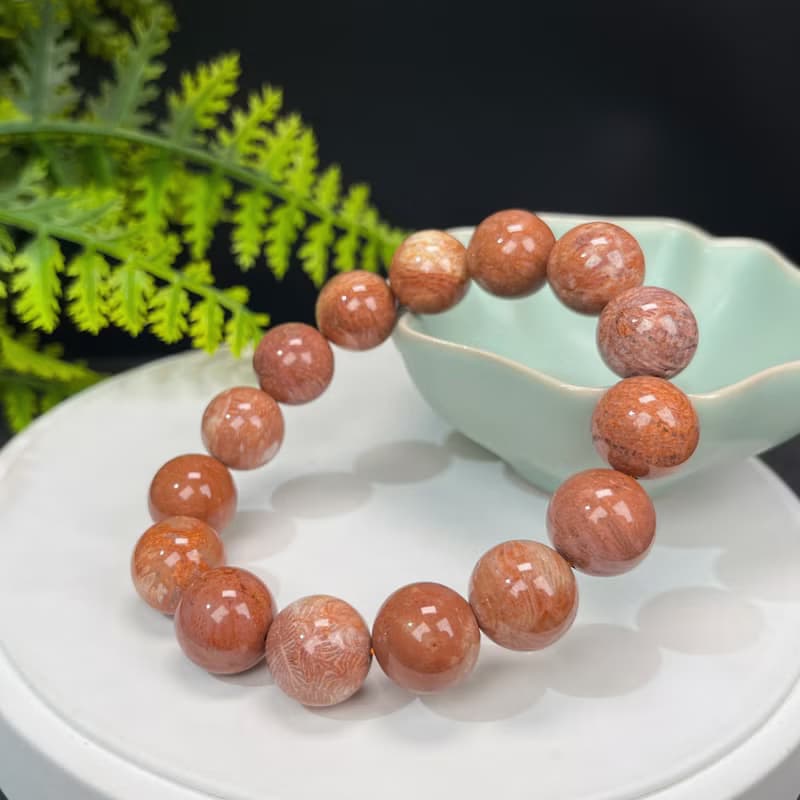精品天然珊瑚玉手串冰潤高瓷玉化橘粉大花鳳尾紋菊花玉單圈女14mm