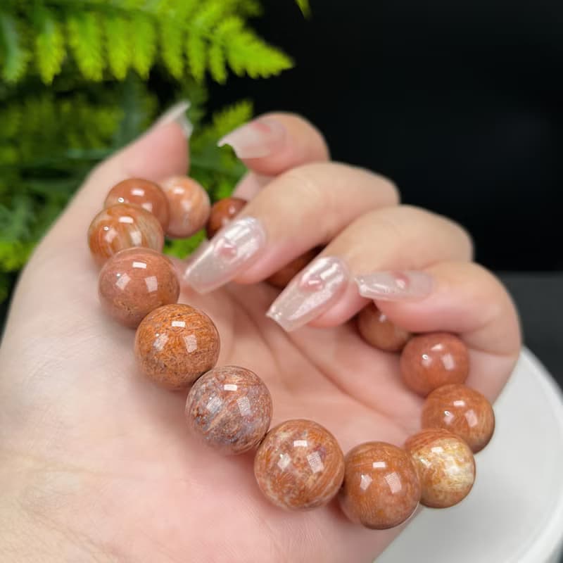 精品天然珊瑚玉手串冰潤高瓷玉化橘粉大花鳳尾紋菊花玉單圈女14mm