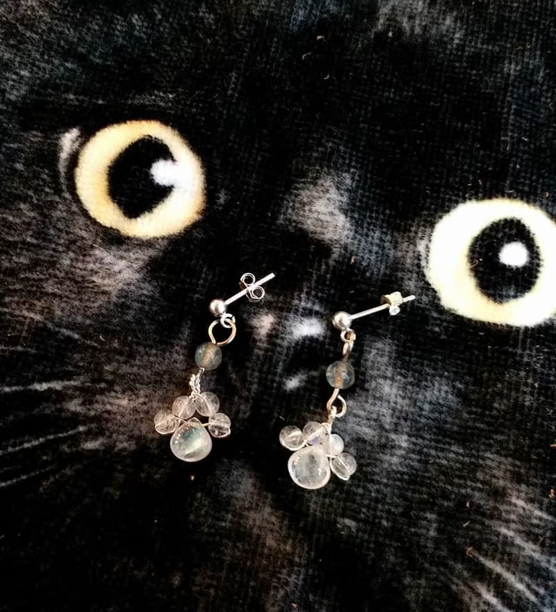 月亮石加拉長石喵星人粉肉球 925 純銀 耳環 Cat paw shape Moonstone and Labradorite 925 silver earring