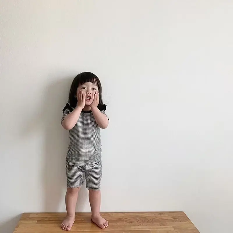 韓國嬰幼兒格子荷葉袖居家服套裝 •Lady Set•