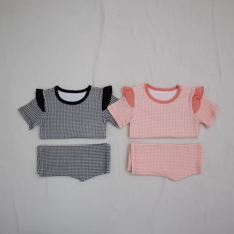 韓國嬰幼兒格子荷葉袖居家服套裝 •Lady Set•