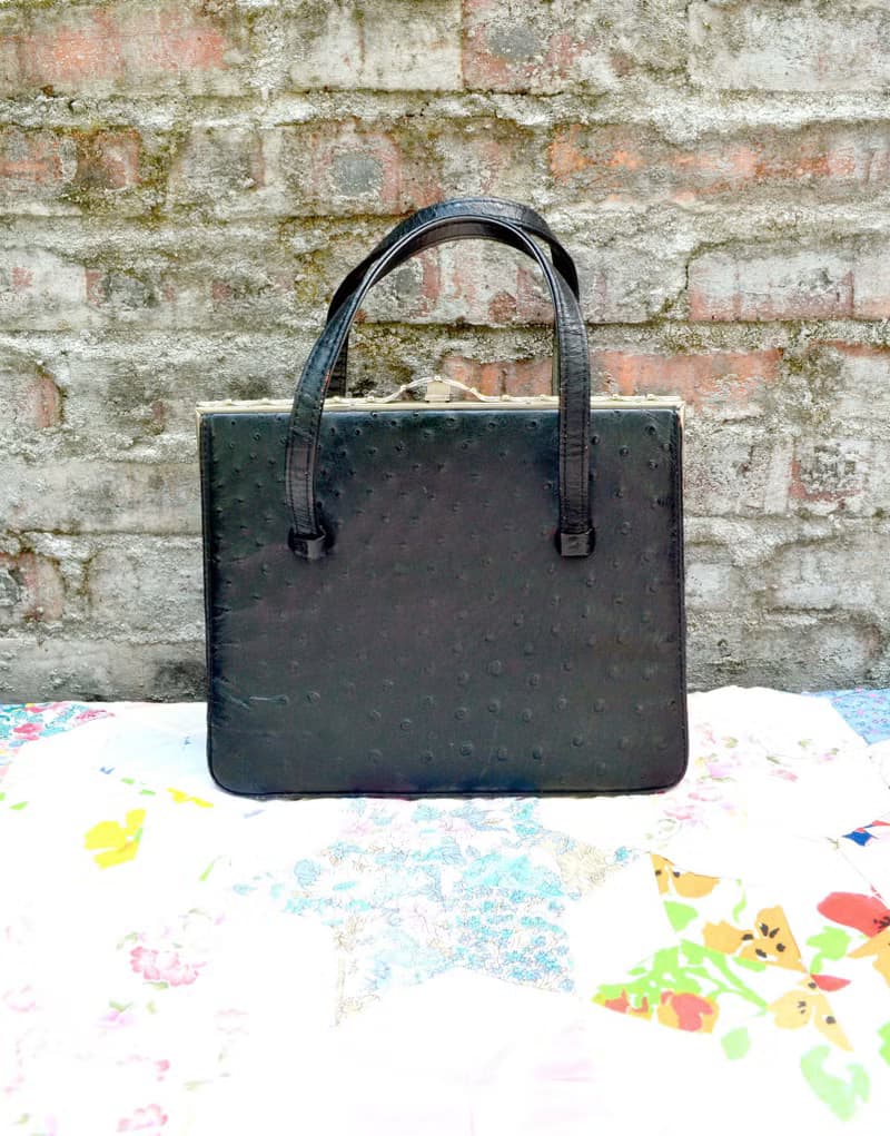 意大利中古 黑色真皮鴕鳥皮手袋 手提包 手提袋公事包 淑女包古著