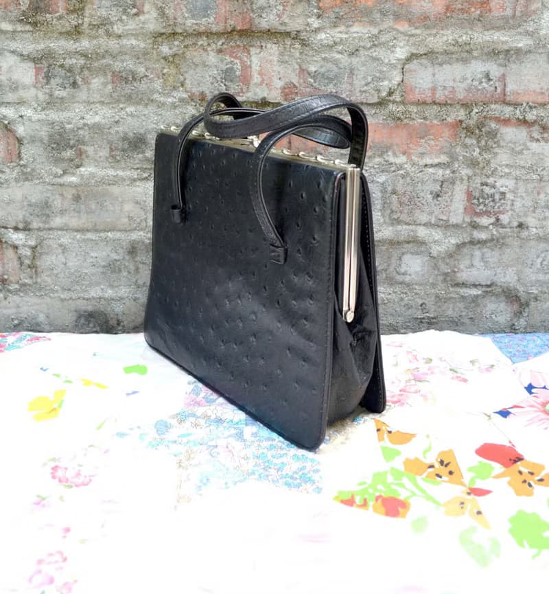 意大利中古 黑色真皮鴕鳥皮手袋 手提包 手提袋公事包 淑女包古著