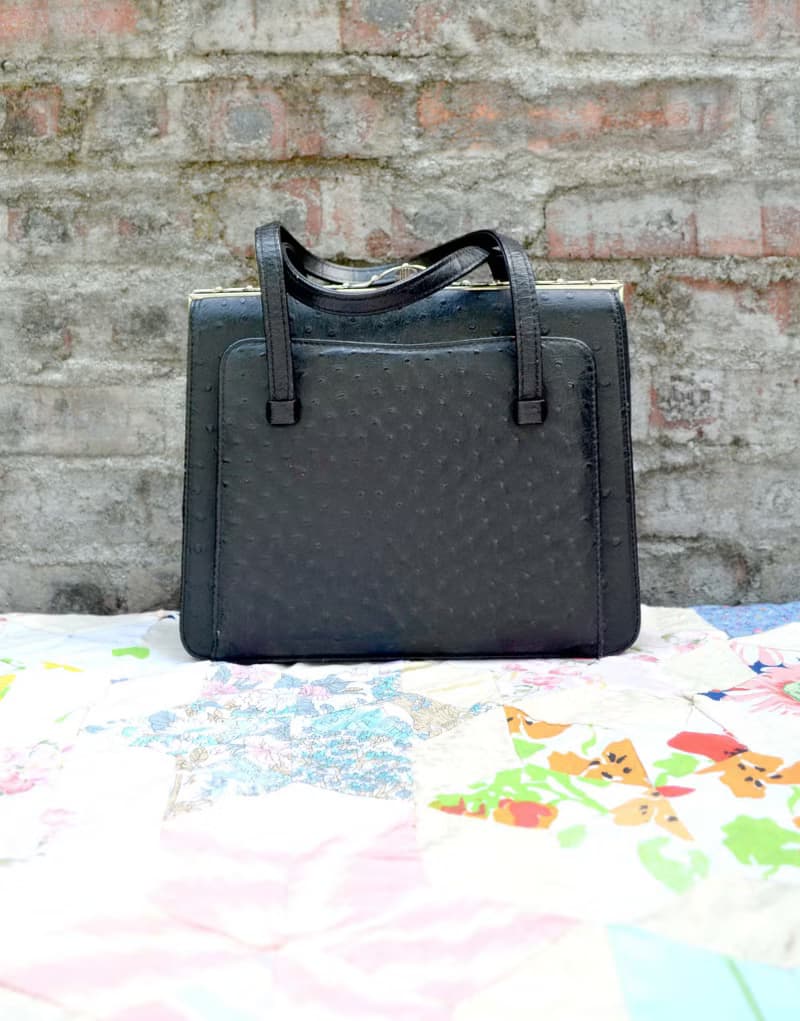 意大利中古 黑色真皮鴕鳥皮手袋 手提包 手提袋公事包 淑女包古著