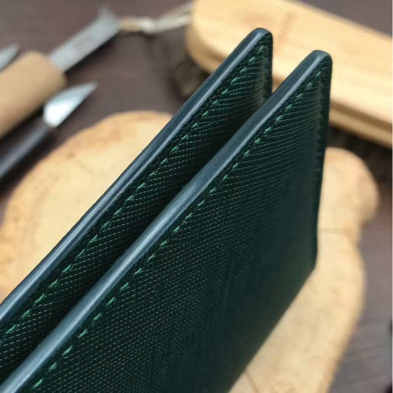【長錢包】綠色十字紋牛皮/纖薄容量大/免費烙印/香港手工製造