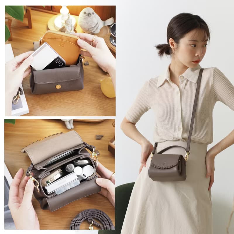 Canele (Ash Grey): Mini bag, Crossbody bag, Cow Leather wallet, soft leather