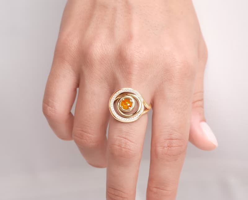 火歐泊螺旋求婚戒指 14k金獨特結婚戒指 極簡蛋白石另類訂婚指環