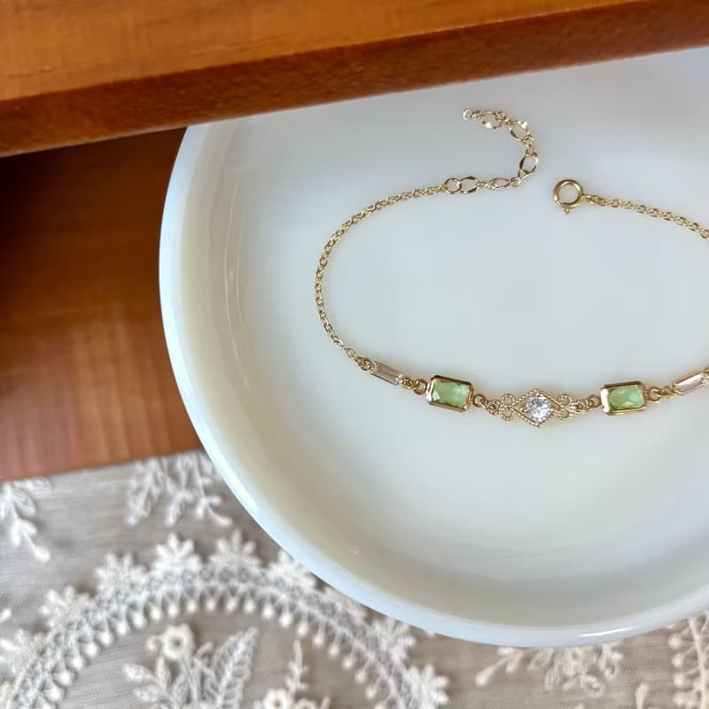 14K包金 酪梨綠鋯石蕾絲手鍊 手環14kgf