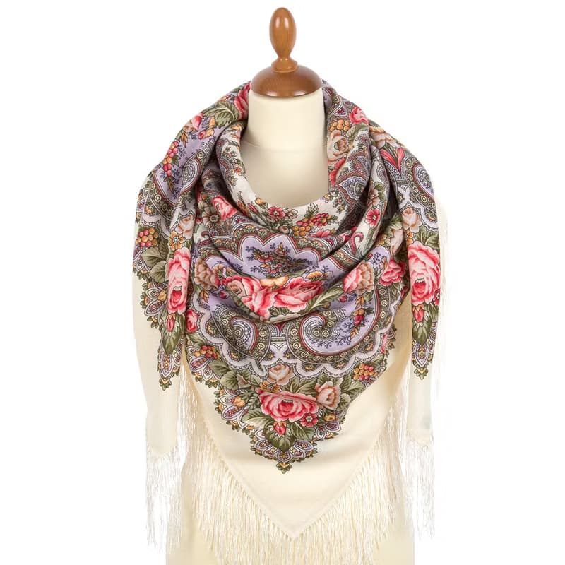 Pavlovo Posad Russian Shawl 100% Wool Scarf 125x125 cm Wrap Silk Fringe 2025-0