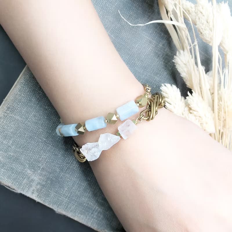 VIIART。冰糖霜。白水晶原石黃銅手環手鍊