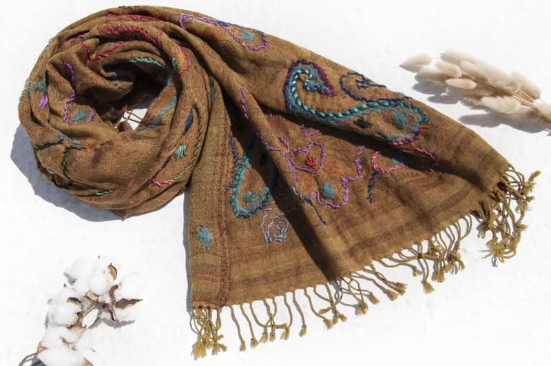 保暖毛毯 羊毛刺繡披肩/針織圍巾/刺繡圍巾/羊絨披巾/喀什米爾Cashmere 聖誕節禮物 交換禮物 母親節 父親節-花