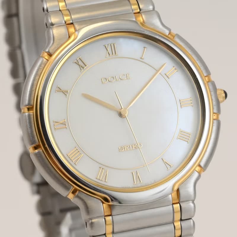 SEIKO DOLCE 男性用腕時計 QUARTZ シェルパール文字盤 ローマンインデックス ゴールド/シルバー Ref.5E31-6B20 手錶 古董錶